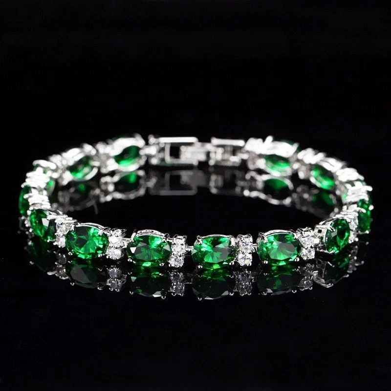 Tennis Bracelet Emerald Green Oval Topaz Silver Plated Lab Created Stone 17.5cm - Image 3 of 4