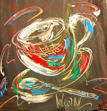 CUP COFFEE  MODERN ART   SIGNED CANVAS - STRETCHED painting original Y88F