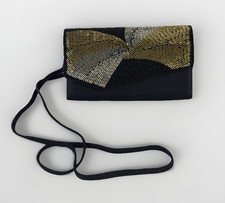 La Regale LTD Black Gold Silver Fan Beaded Clutch/ Shoulder Bag Purse Art Deco