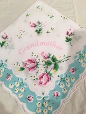 Lovely New GRANDMOTHER Handkerchief With Beautiful Pink Roses! LuRay Hankie