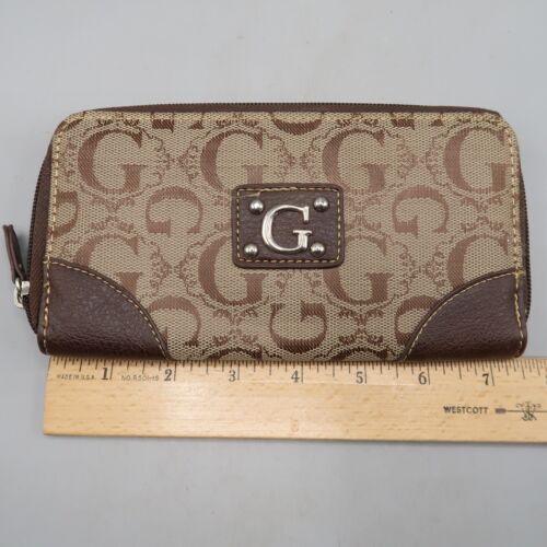 GUESS Brown Tan Signature Logo Wallet Zip Around Card Holder ID Organizer 7x3" - Picture 2 of 4