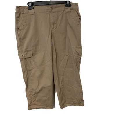 St Johns Bay cargo capri pant tan flap button pocket Rolltab Cuff Sz 12 