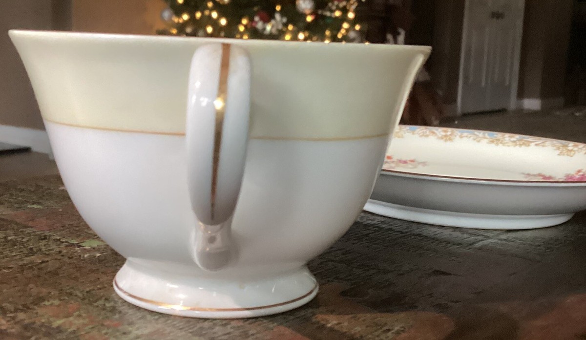 Noritake China Tea Cup & Saucer Japan Blue Edges Pink Flowers Gold