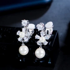 No Hole Designer Pearl Dangle Earrings Silver Plated Cute Bridal Wedding Jewelry