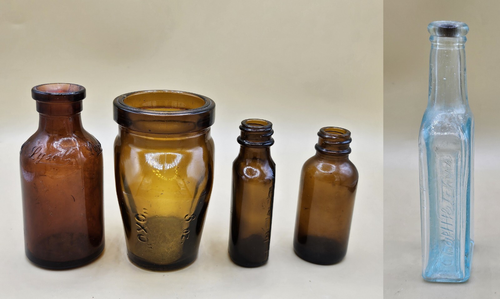 Vintage lot of 5 authentic apothecary bottles, some antique