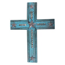 Wooden Metal 20" Western Large Turquoise Wall Cross Fade Away Paint Texas Style