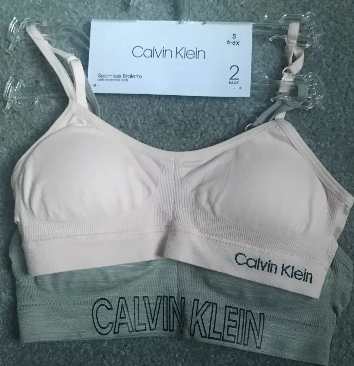 NWT CALVIN KLEIN Girls 1 Pink Logo 1 Gray Seamless Bralette Bra S 6-6X  Padded