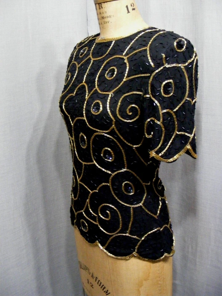 BLUSA TÚNICA SEDA TOP AÑOS 80 CON CUENTAS BLUSA INSPIRADA EN ALETAS HOMBRERAS S Foto 2 de 4