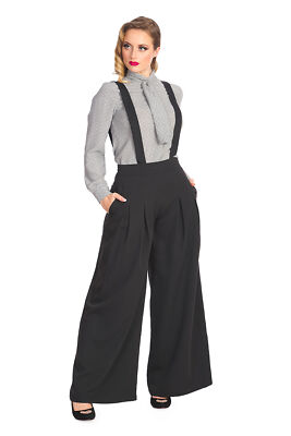 Banned Retro Palazzo Hose Diamond Schwarz Vintage Trouser abnehmbare Hosenträger