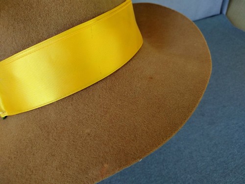 Vtg ASTER Women's 100% Wool Brown Yellow Ribbon Feathers FEDORA United Hatters - Picture 3 of 12