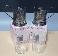 Russian TWO Tea Glass Holders w/Glasses CCCP USSR Podstakanik Authentic ===NEW