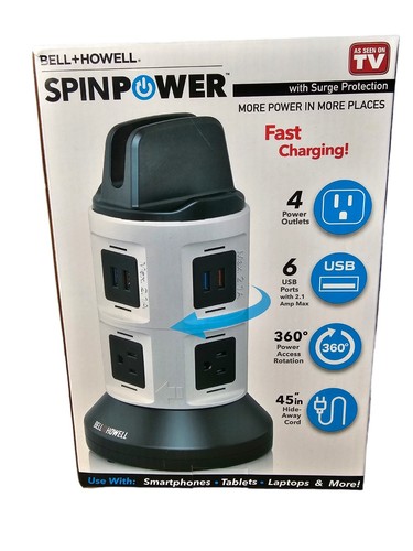 Bell & Howell Deluxe Spin Power Charging Station | 4 AC & 6 USB Outlets | NEW - Afbeelding 1 van 4