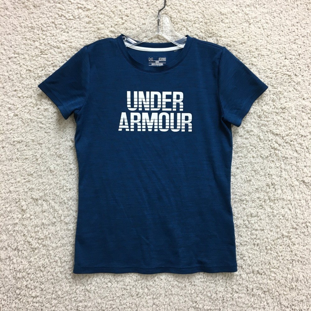 Under Armour Shirt Small Adult Blue Loose Heatgear Crewneck Graphic Logo Mens S