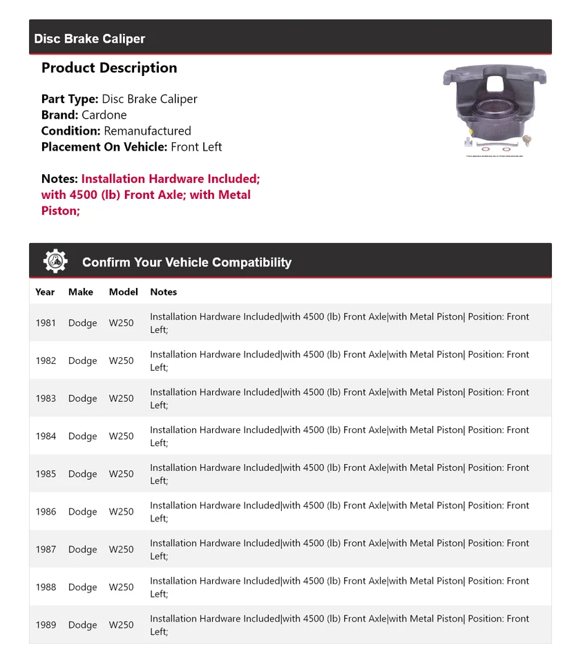 Pinza de freno de disco delantera izquierda Cardone 1982 1983 1984 para Dodge W250 1981-1989 Foto 2 de 4