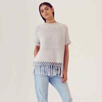 Current Elliott Women's Peggy Fringe Gray Knit Short Sleeve Sweater sz 6