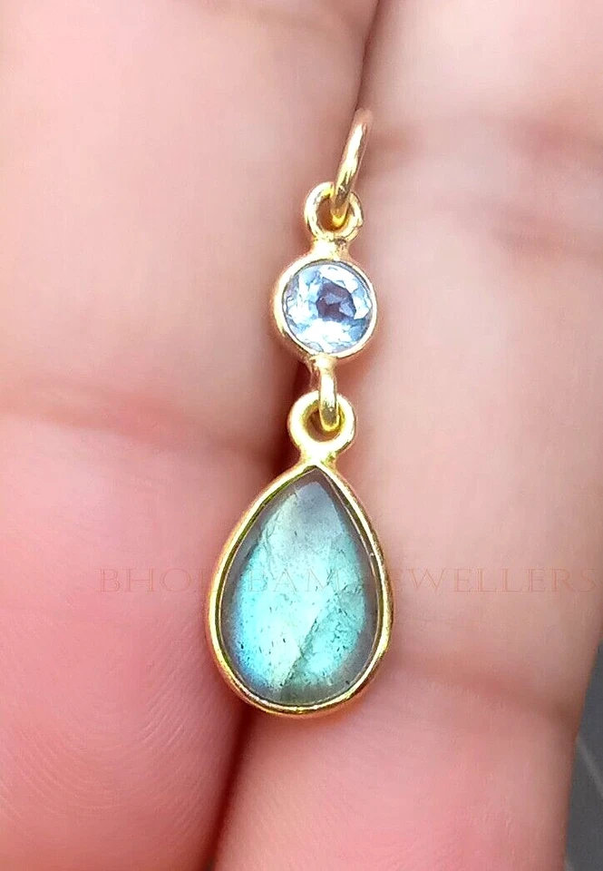 Natural Labradorite And Blue Topaz Necklace, 18k-Yellow Gold Handmade Pendant - Image 2 of 4