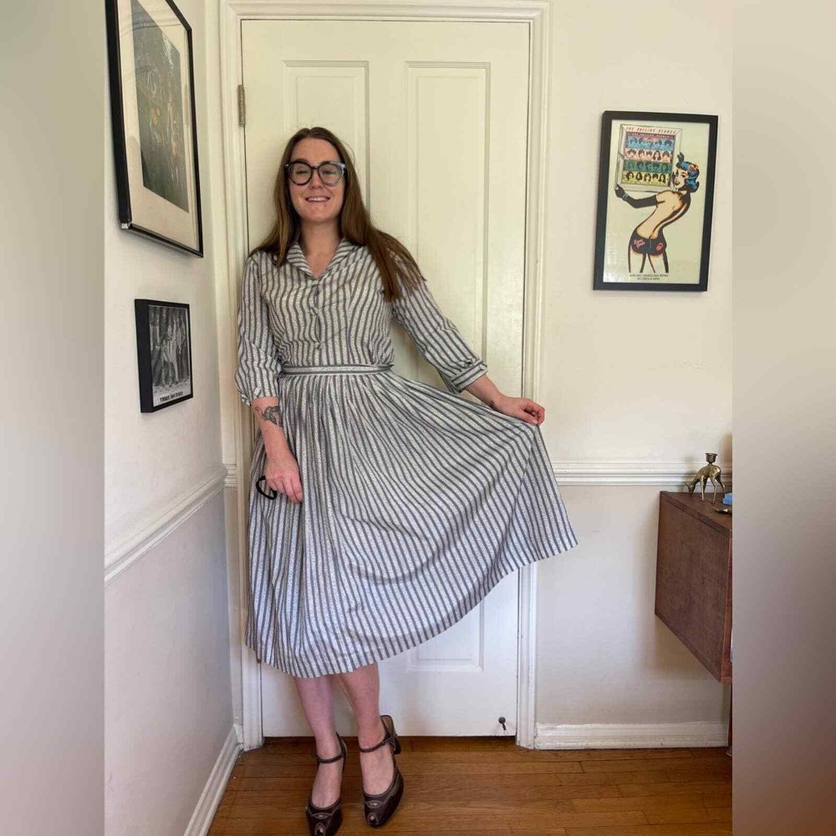 40s Vintage Grey Two Piece Striped Skirt Suit