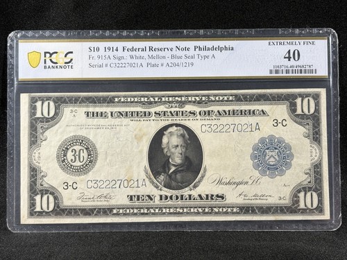 1914 $10 Federal Reserve Ten Dollar Philadelphia FR 915A Extremely Fine PCGS 40
