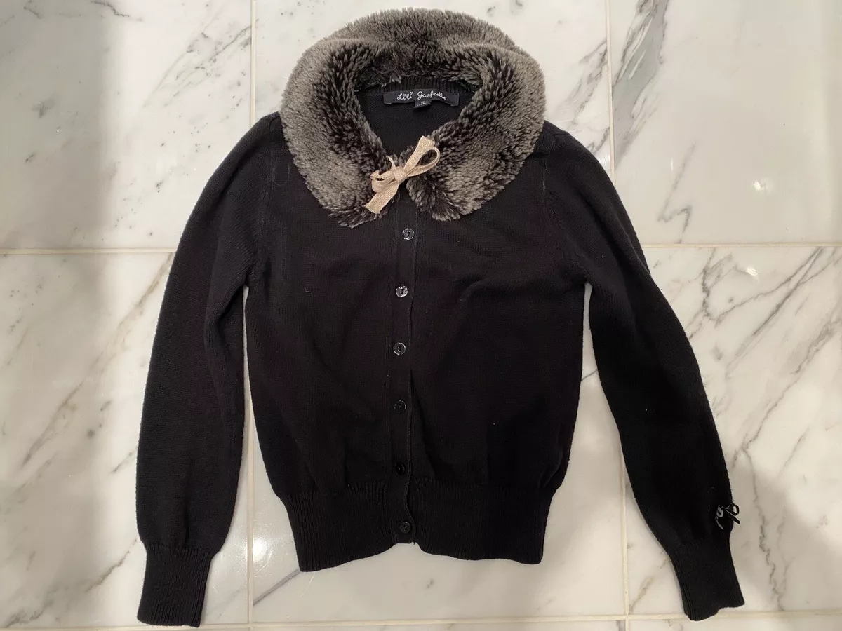 Lili Gaufrette Designer Black Faux Fur Collar Long Sleeve Cardigan