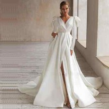 Classic A Line Wedding Dresses With Sashes Long Sleeves Front Split Bridal Gowns