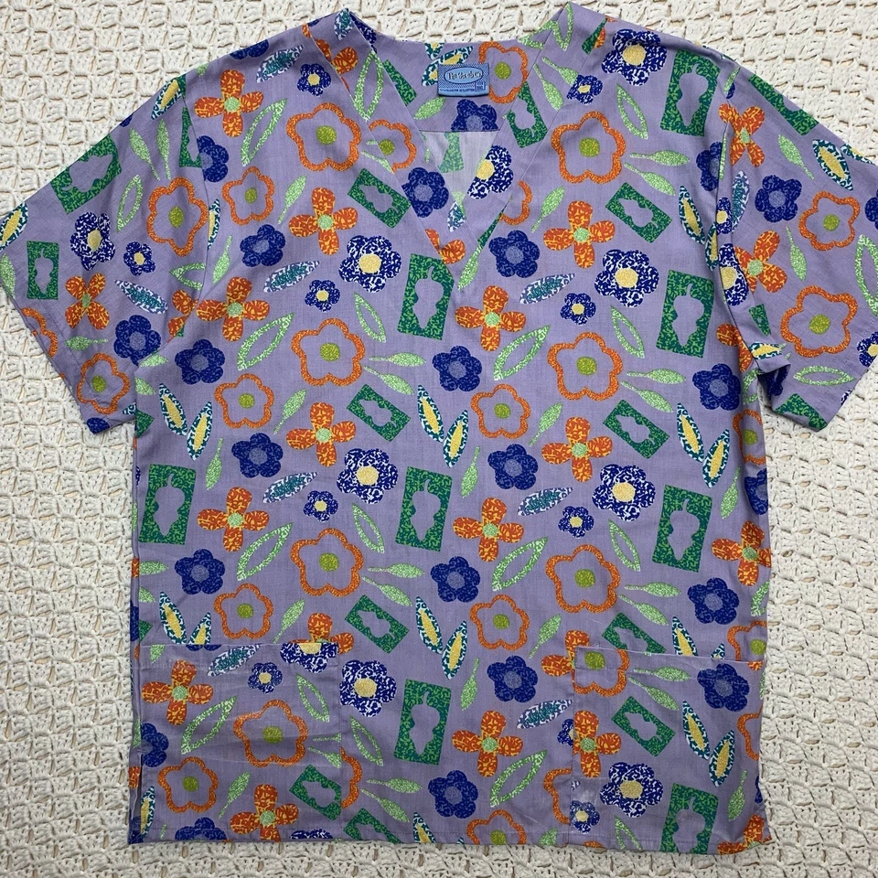 Scrubs Medical Uniform Top Womens 3XL Floral Short Sleeve V Neck Nurse Multicolr - Image 2 of 4