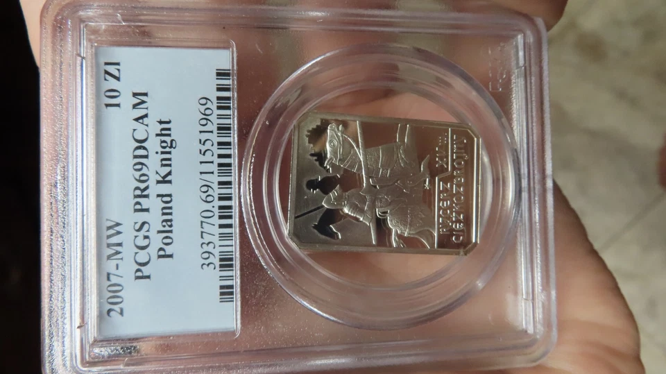 Caballero rectángulo montado caballería polaca Polonia 10 zlotych plata graduación profesional PR69 2007 Foto 2 de 4