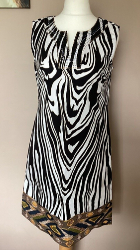 Vestido recto sin mangas tribal estampado cebra negro blanco Pomodoro Reino Unido 14 trabajo de verano - Imagen 2 de 12
