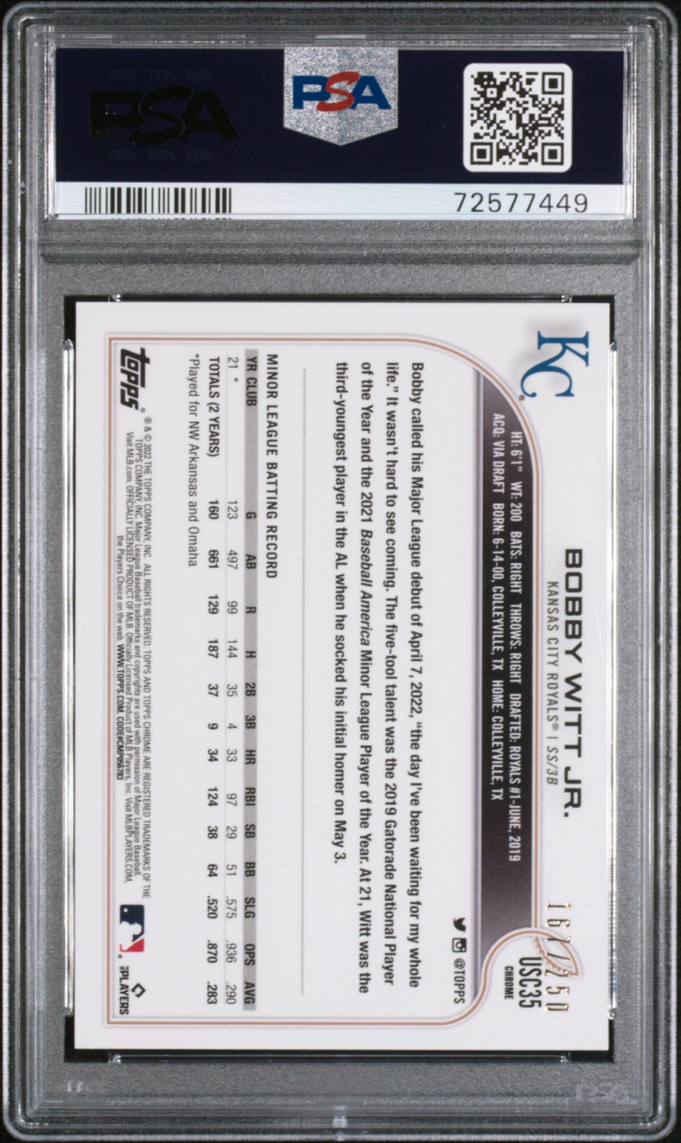 2022 Topps Chrome Update Bobby Witt Jr. Aqua Refractor PSA 10 167/250 view 2