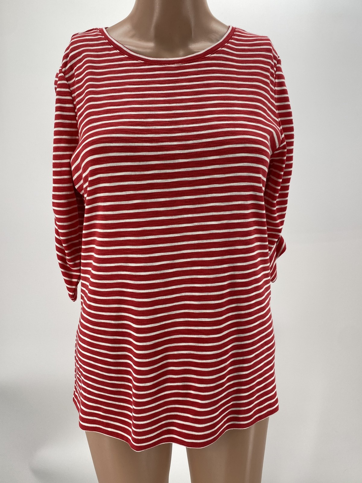 Nic+Zoe Womens Ruched Sleeve Crew Top Striped Red/White Size S Ultrasoft Cotton
