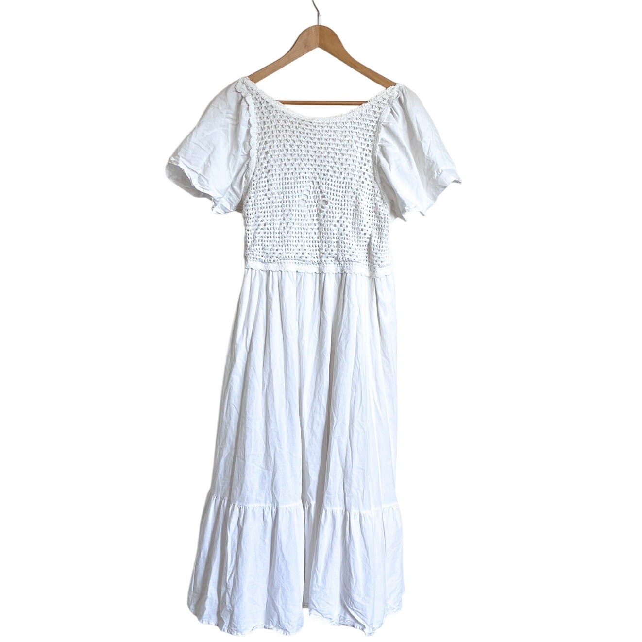 Boho Prairie Cottage Maxi Dress Sz XL White Ruffle Smocked Coastal Beach Peasant
