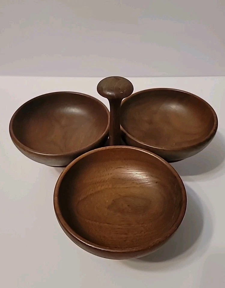 Quality wooden spinning nibbles tray black walnut USA lazy susan mid-century - Image 3 of 4