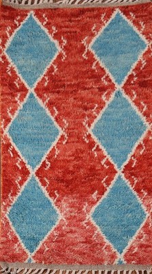 Red & Blue Plush Moroccan Accent Rug 3x6 Berber Wool Hand-knotted Foyer Carpet