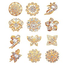 12pcs Lot Crystal Rhinestone Wedding Brooches Pins Bouquet Flowers gold 