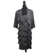 Davids Bridal Gunmetal Grey Tiered Dress and Bolero Jacket Set Formal 16w B1