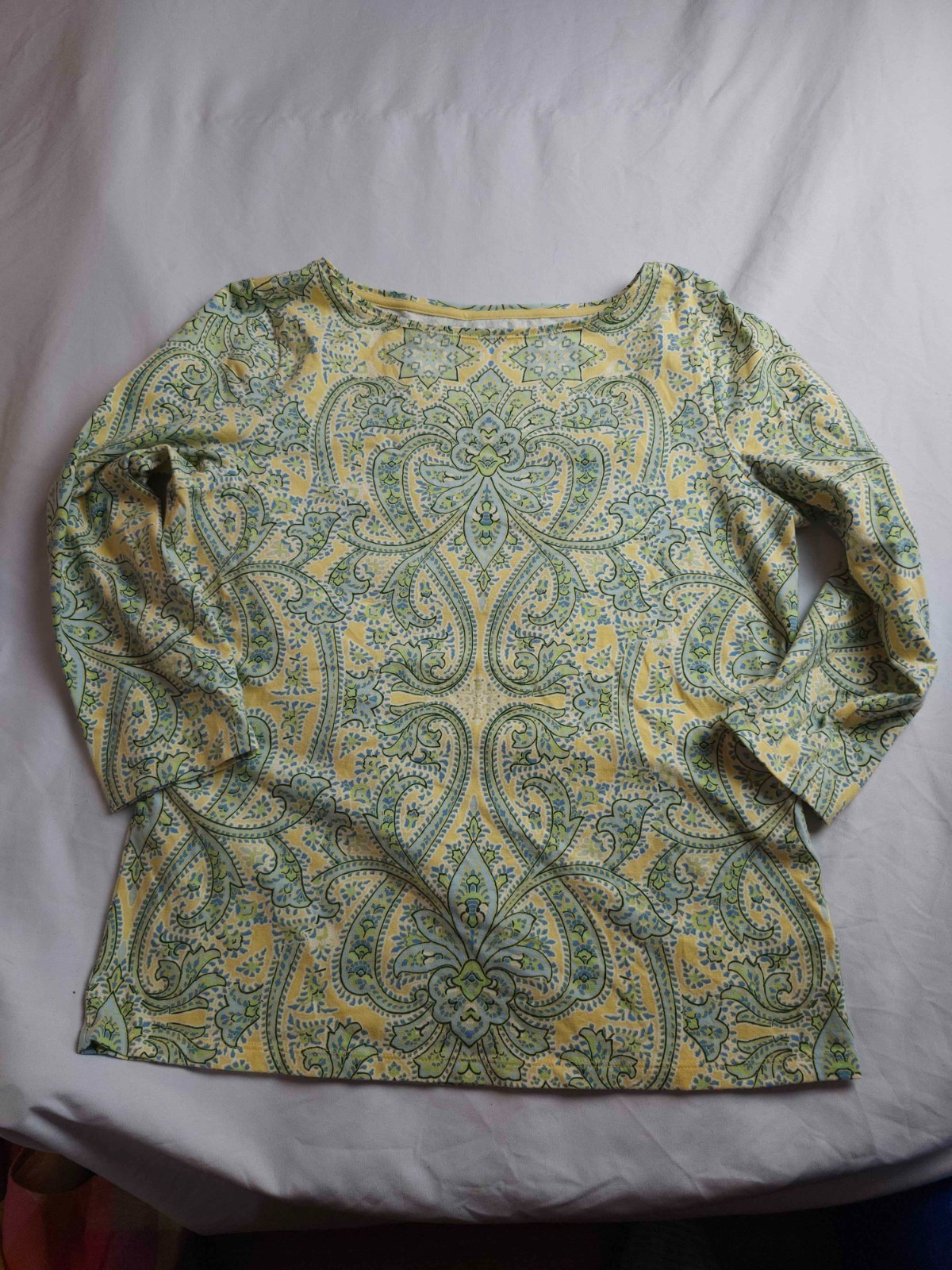 Talbots Tee Shirt Top Women Large Green Yellow Floral Long Sleeve Casual Stretch