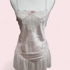 Blanche vintage Pink Lace Trim Spaghetti Strap Full Slip Chemise, Women's Size M
