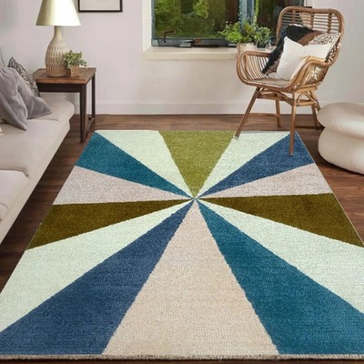 Hand Tufted Modern Starburst Area Rug Blue Olive Cream Geometric Designer Carpet