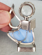 Vintage Stained Glass Blue Suncatcher Angel Standing w/ Hymn Book Mini 2" Tall