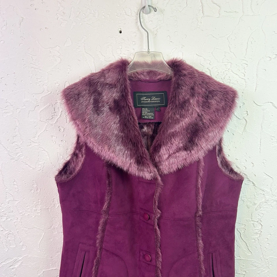 Chaleco Grande Vintage Años 90 Y2K Púrpura Imitación Gamuza Cuello Piel Mohair Forrado con Botones Foto 3 de 4