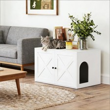White Cat Litter Box Enclosure Furniture w/Side Door Odor-Free