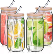 480Ml Can Shaped Glass Cups Set, Drinking Glasses with Bamboo Lids and Glass Str