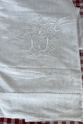VINTAGE FRANZÖSISCHES HERVORRAGENDES WEISSES LEINEN LAKEN MONOGRAMM RJ LEITERSTICH 220 x 375 cm 