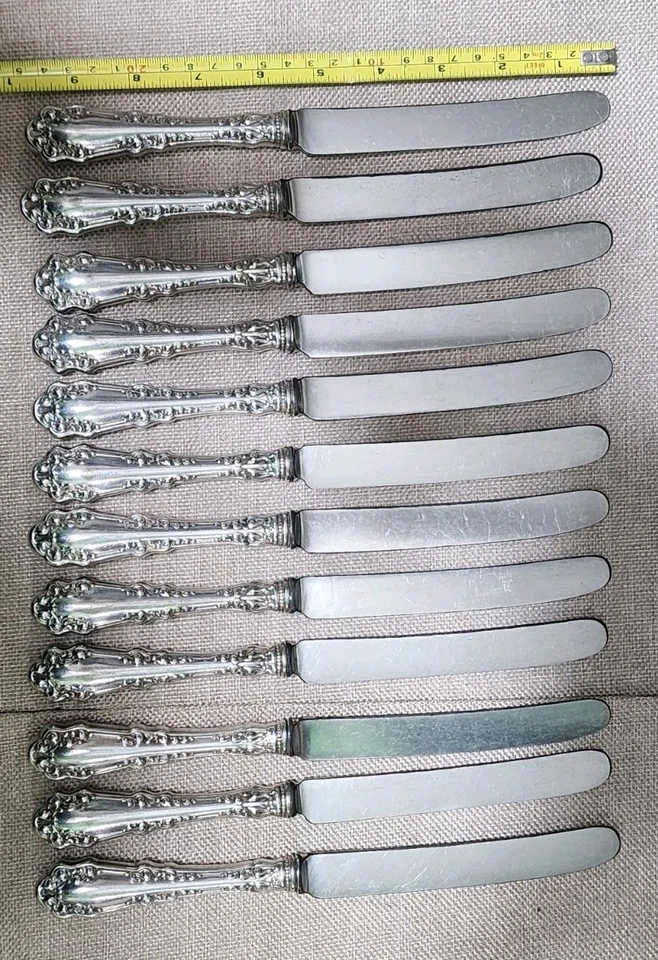 😜JUEGO DE 12 CUCHILLOS DE CENA HUECOS FRANCESES ANTIGUOS c1897 BERKSHIRE PLATEADOS Foto 2 de 4