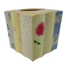 Hand-Painted Wooden Tissue Box Cover Yellow White Floral Design Cottage