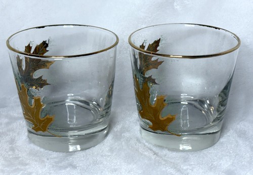 2 Vintage Libbey Golden Oak Leaf Lowball Glass MCM Bar Ware Gilded 24kt - Picture 4 of 8