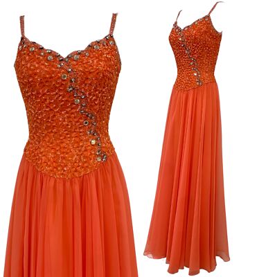 Vtg Vintage 1970s 70s Formal Beaded Sequin Rhinestone Chiffon Melon Orange  Gown | eBay