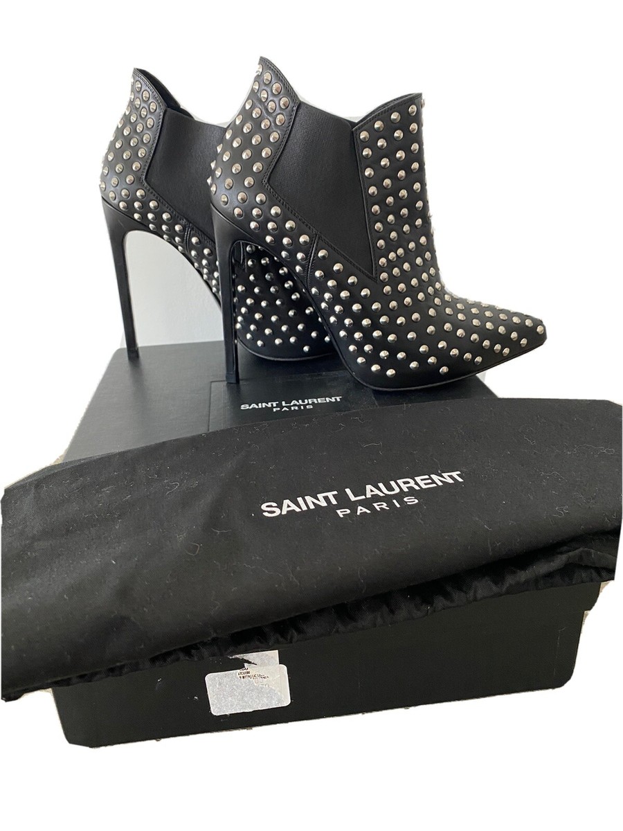 Saint Laurent YSL Black Paris Studded Pointy Toe Leather Booties 