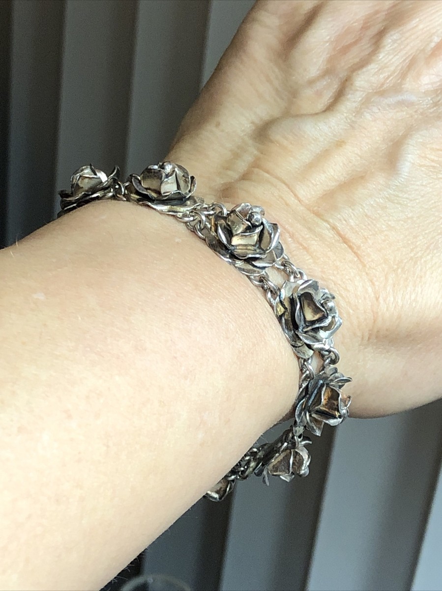 9. Vintage Taxco 925 Sterling Silver Rose Head Link Bracelet 7 5/8