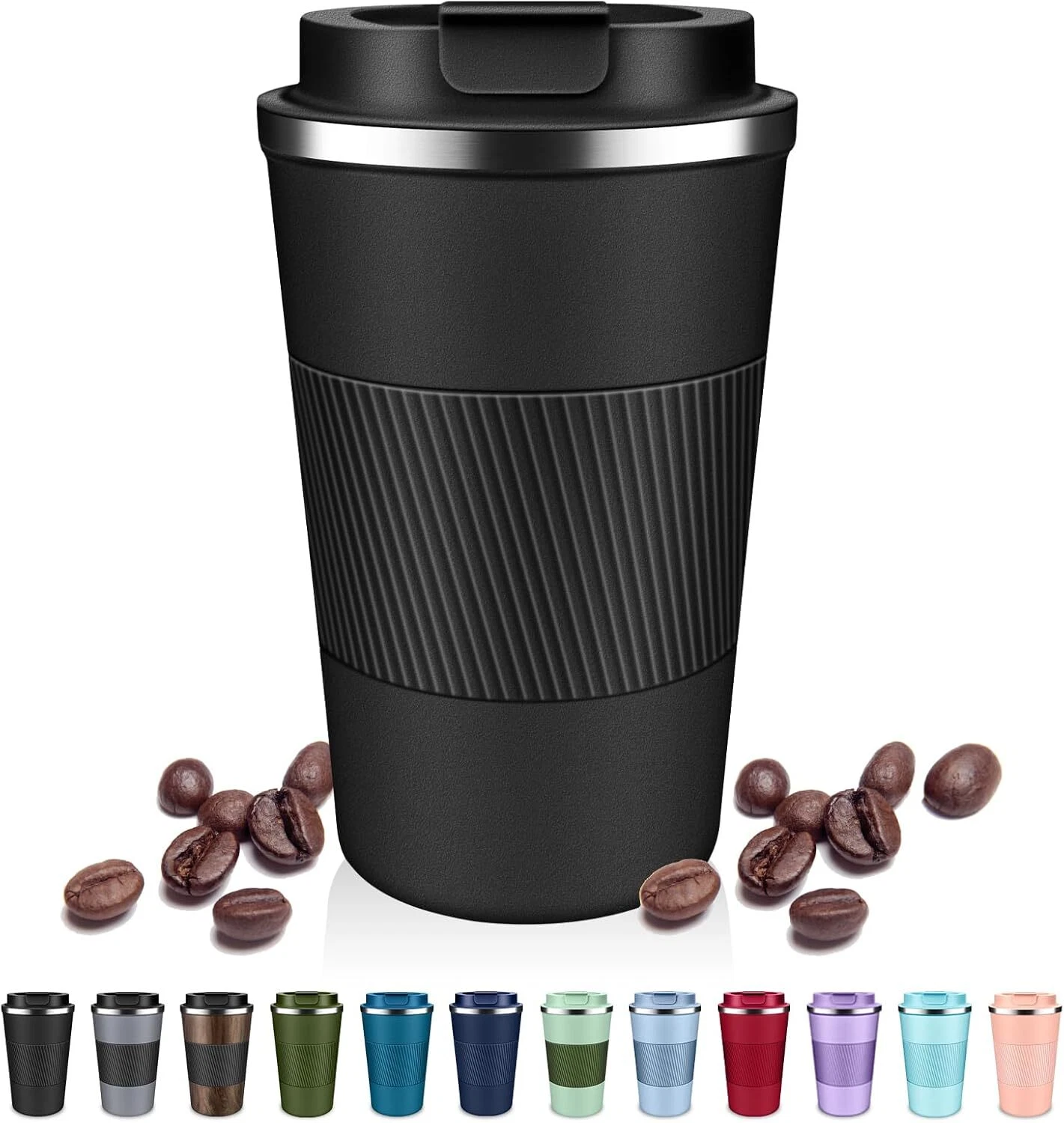 Insulated Coffee Tumblers with Flip Lid 12oz / 17oz, Stainless 12oz, Black