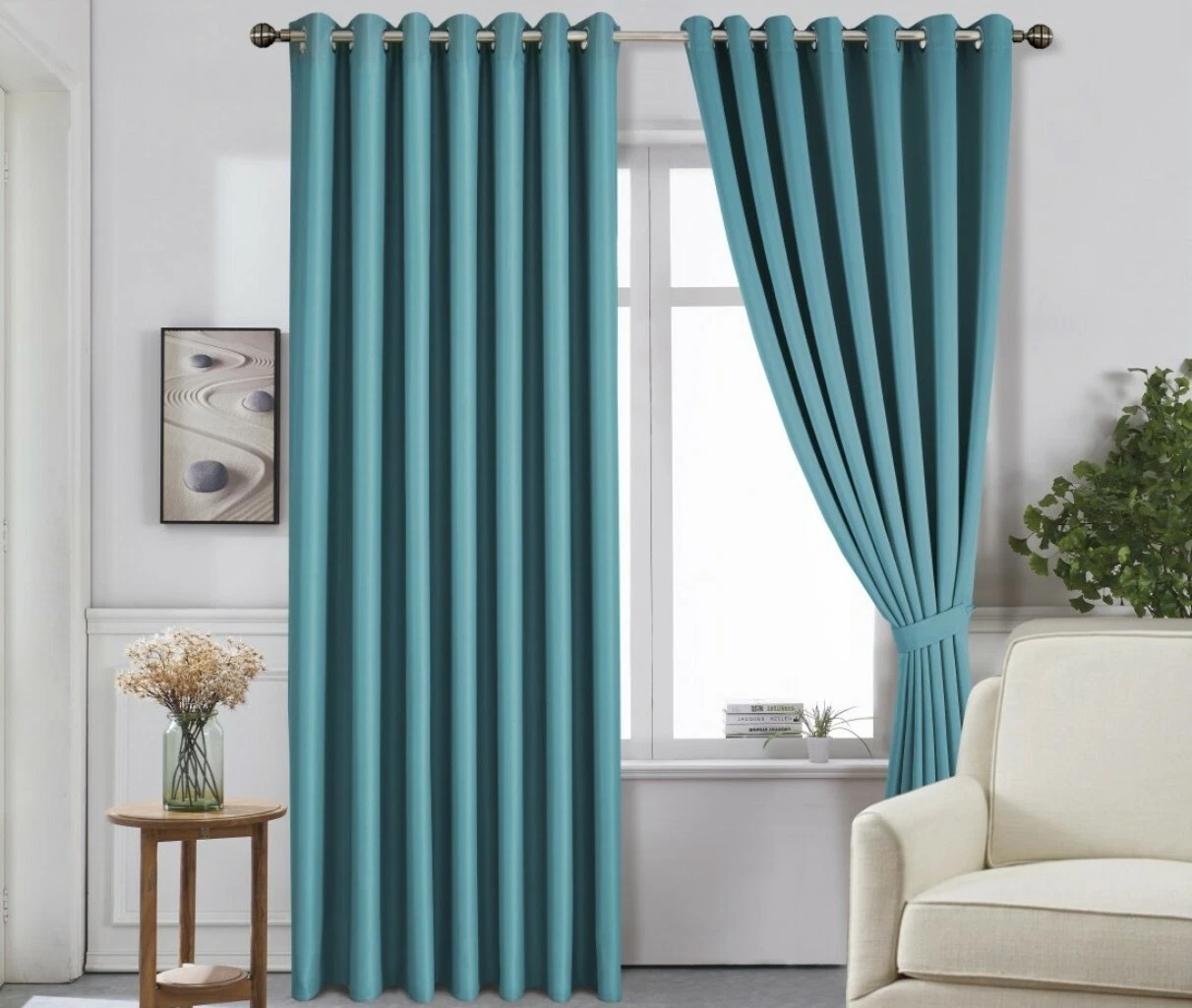 Teal Bedroom Curtain Pair 52" x 63" Light Blocking Blackout Matching Tiebacks